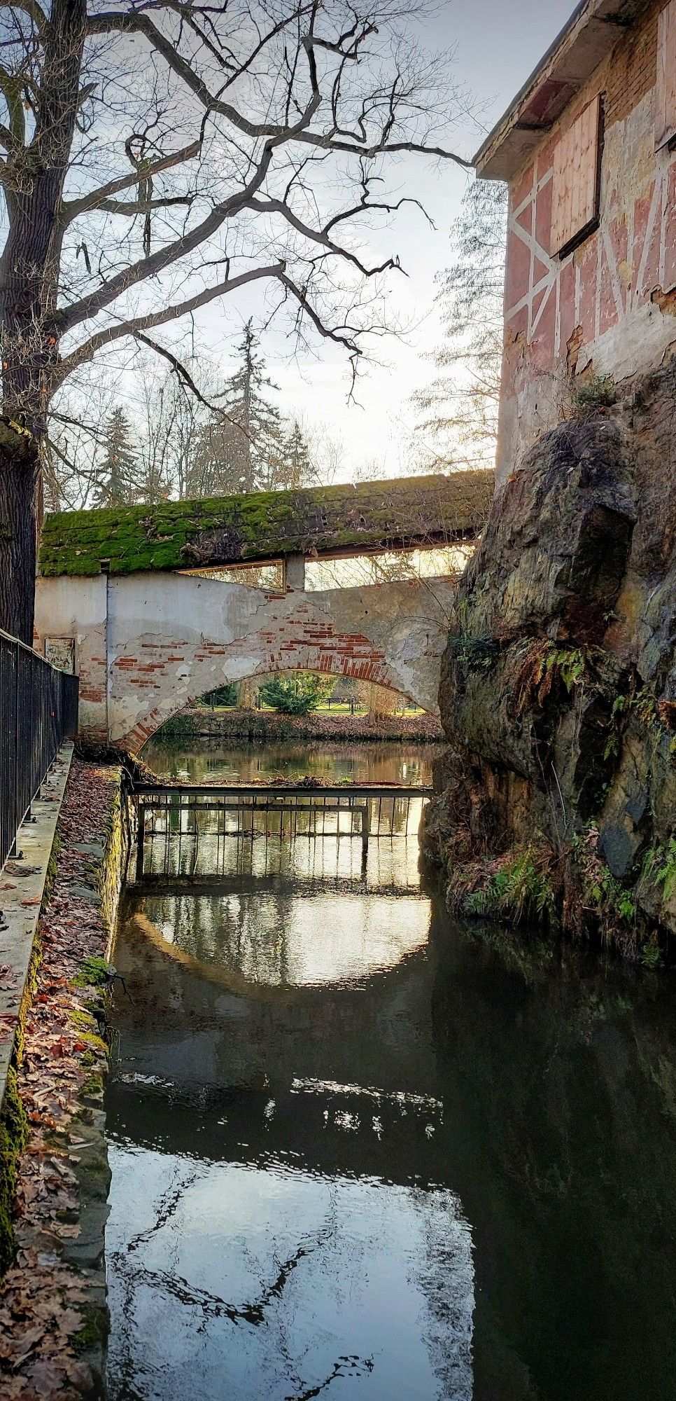 Man sieht einen kleinen Torbogen, der über einen Kanal gespannt ist und sich im Wasser spiegelt. Im Hintergrund noch mehr Wasser und Bäume.