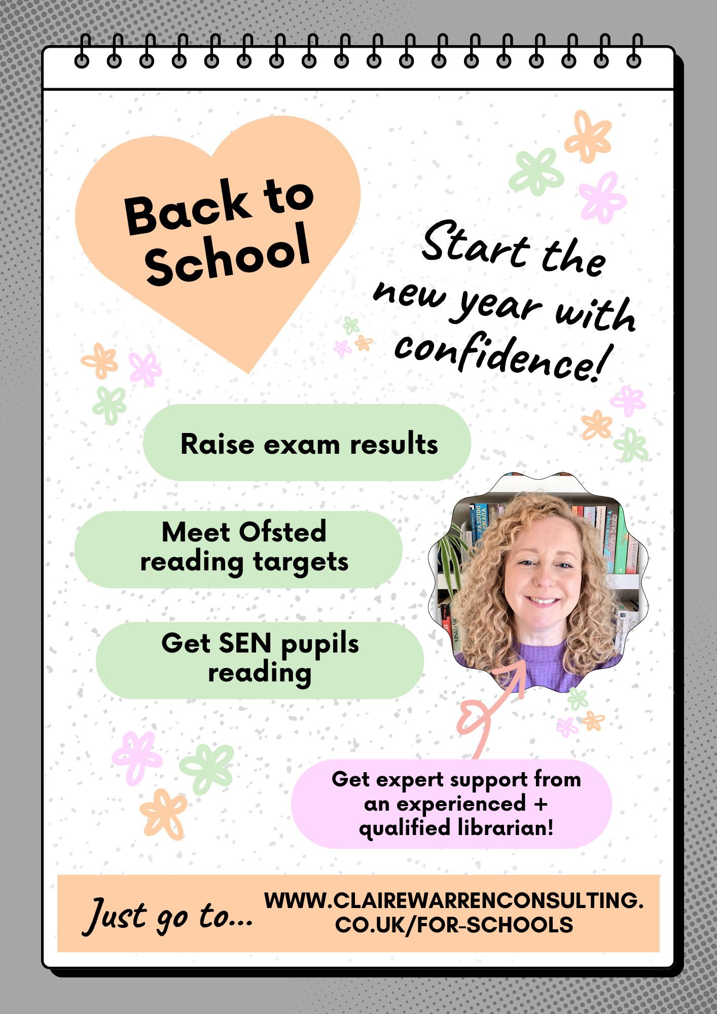 Poster promoting Claire Warren Consulting, a reading/libraries/literacy support service for schools