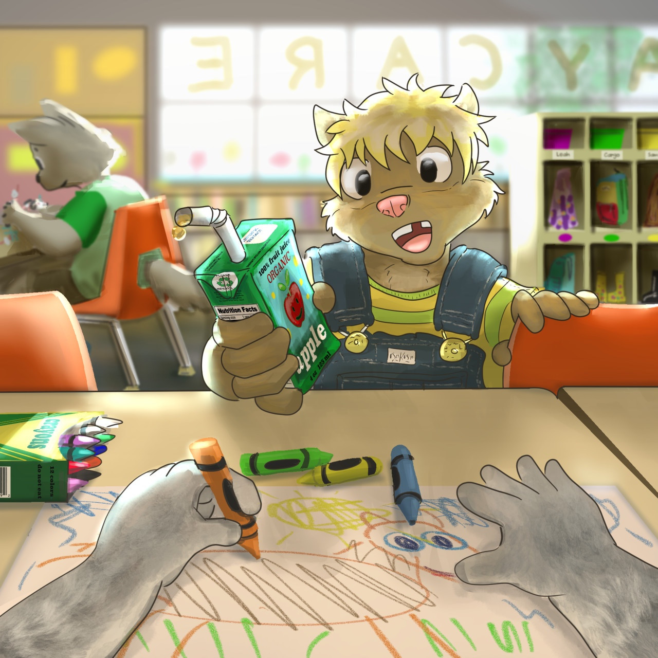 POV: youre in a brightly lit daycare coloring with crayons and there's a blond haired fur across from you offering a juice box.  hes wearing overalls and a yellow and green shirt.  In the distance are other furs sitting in orange plastic chairs, and there's cubbyholes holding knapsacks and bins.