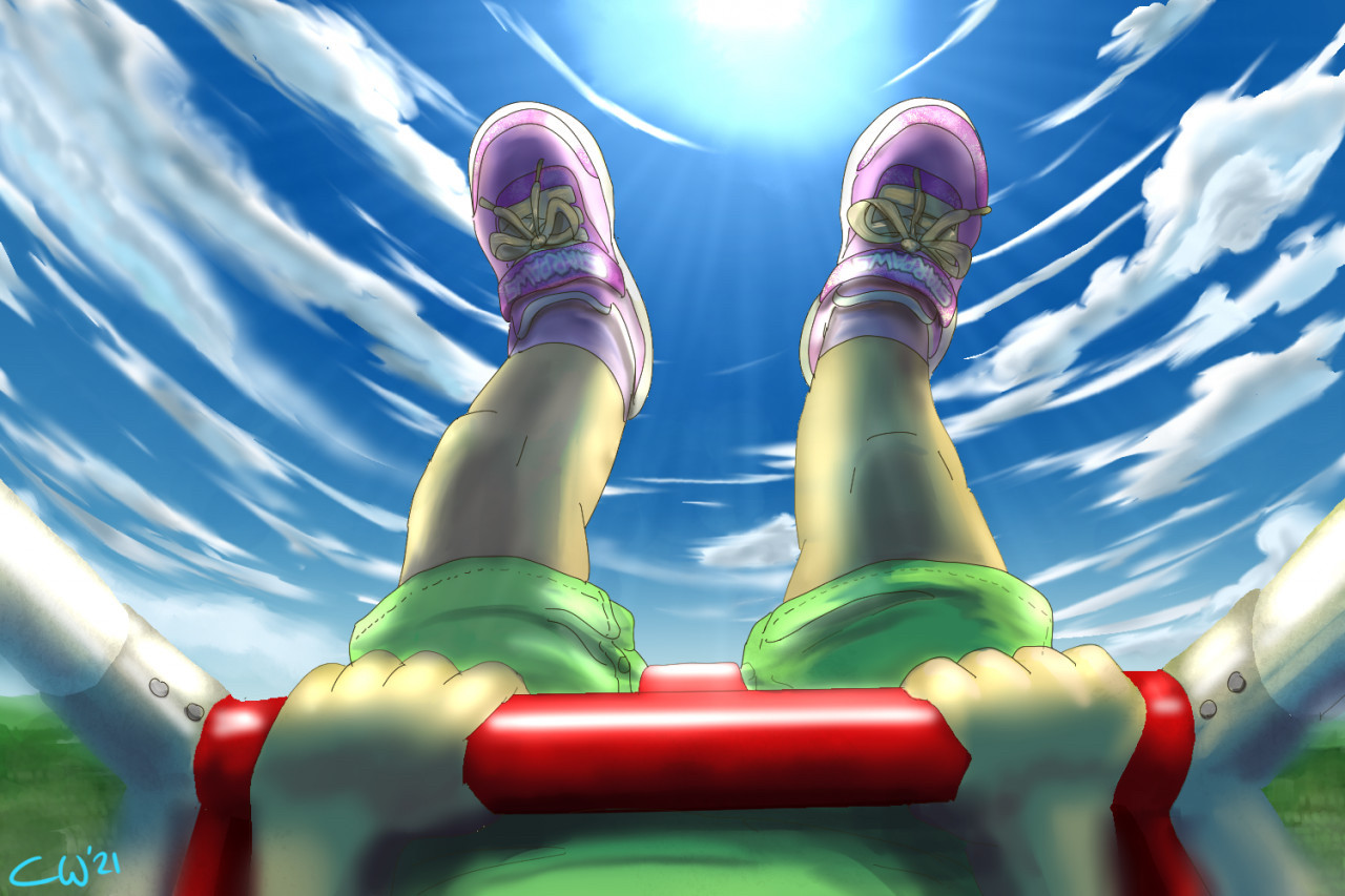 POV: youre on a swingset, with a lap bar, your pink sneakers kicking out against the blue sky with windswept clouds seemingly parting at your feet