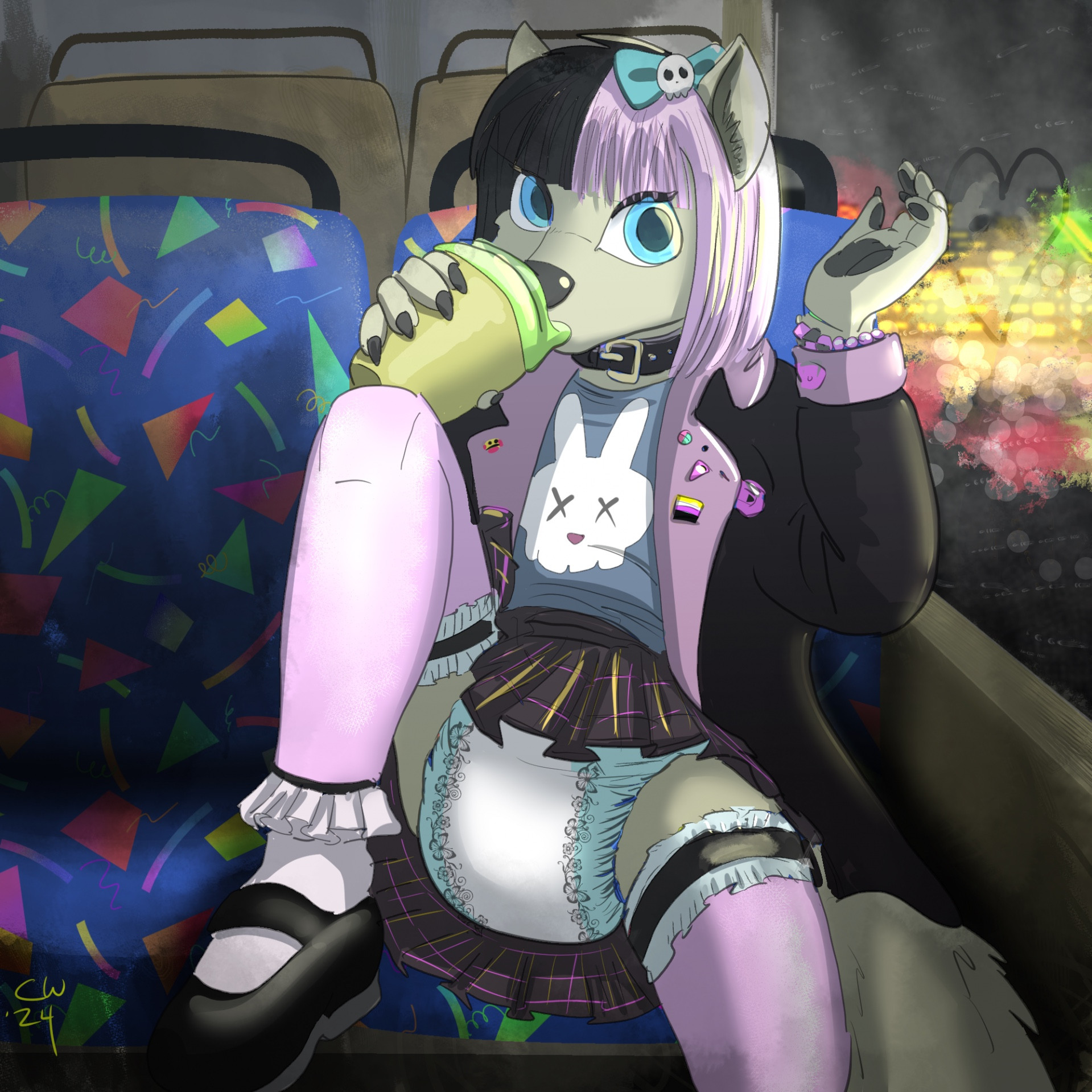 seated on a bus seat at night, a goth girl in pink tights, a bunny skull shirt, a jacket with pins, pink and black hair, and mary jane shoes, is slurping on a sippy cup and looking at you 