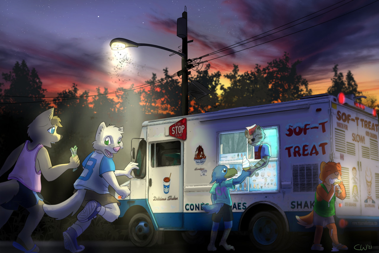 Its a hot august night and there's a ice cream truck dishing out cones, and a bunch of cubs excitedly running to get ice cream (or eating it messily)