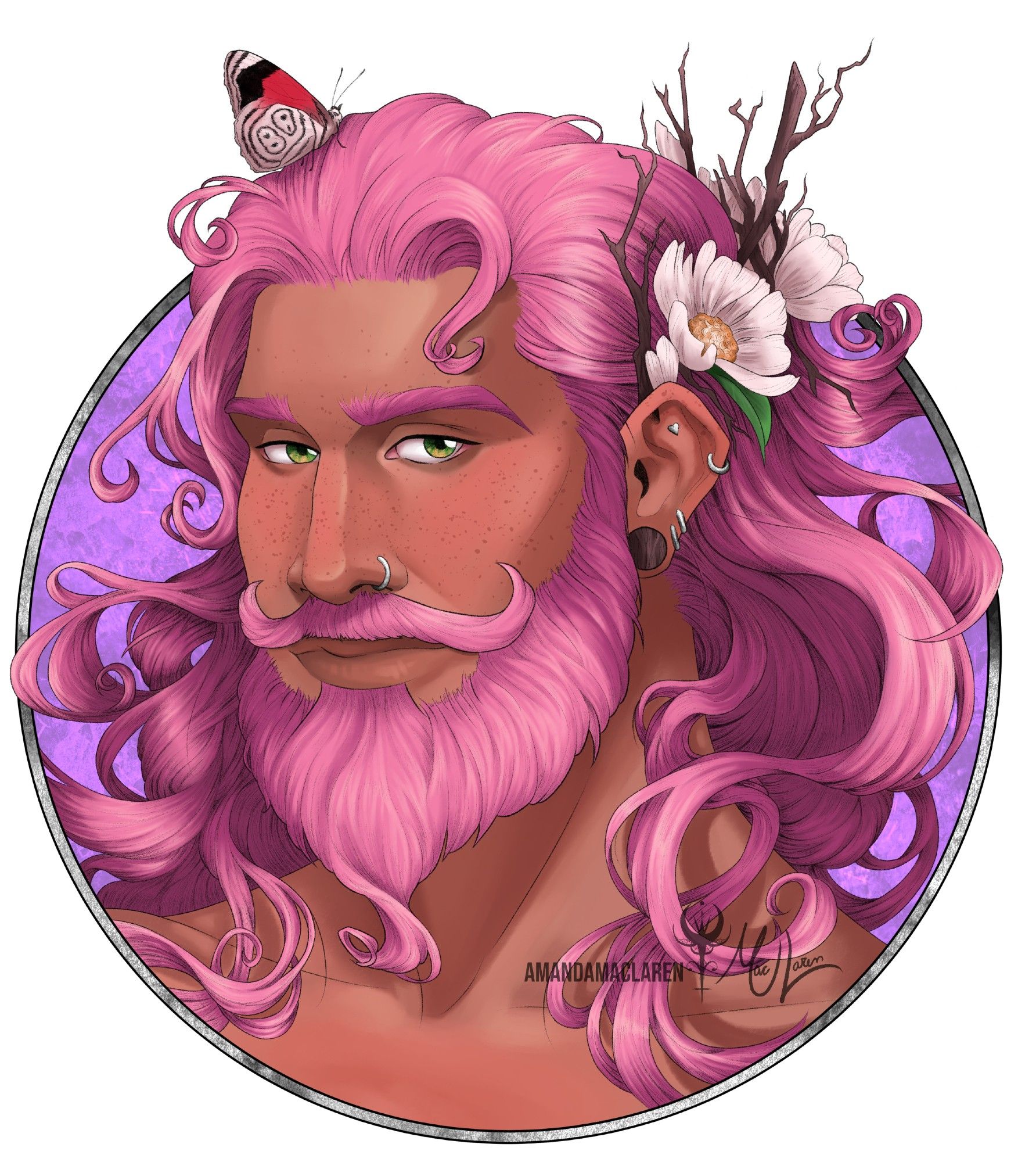 A round portrait of a man with singly tanned skin, long flowy pink hair, and a beard. He has flowers in his hair and a butterfly laid on his head.