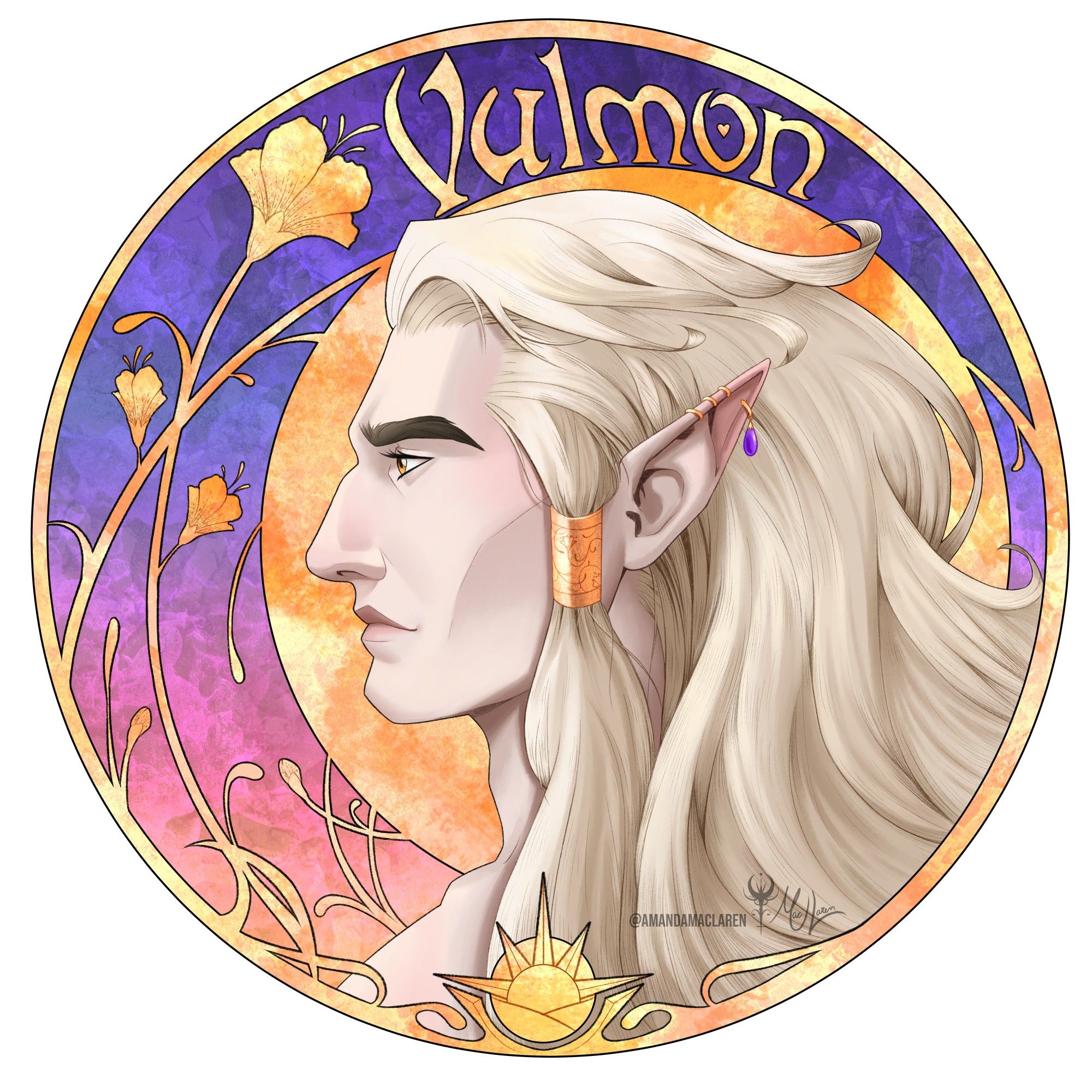 A round portrait of a blonde male elf on his side profile ornate with flowers.