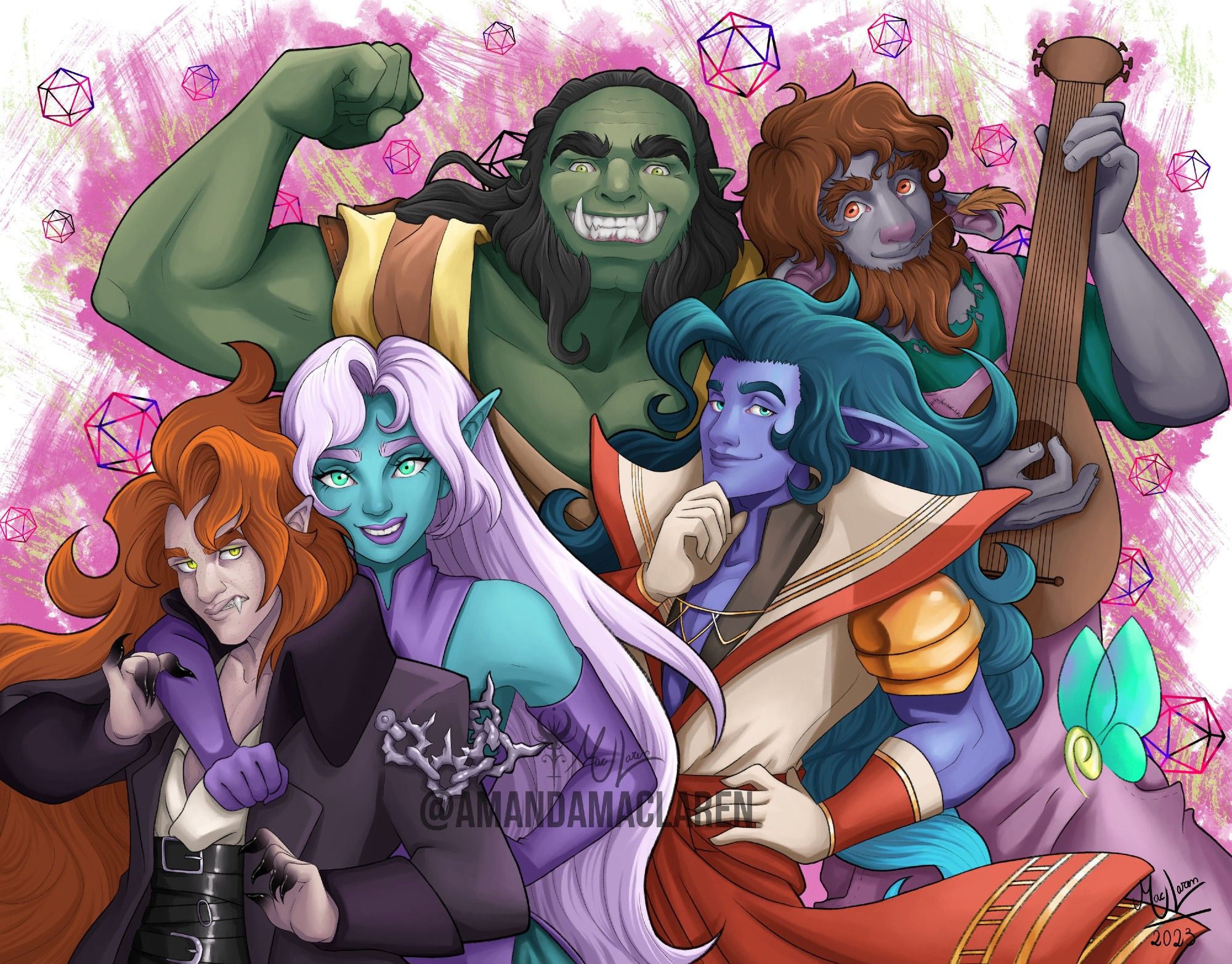 Painting of a group of people from a Dungeons and Dragons game. A green orc in the back is flexing one arm and the other is hugging a bluish firbolg, a blue elf woman is hugging another ginger elf who does not like it, and another blue elf is holding his chin with a confident smile on his face. There is also a tiny fairy in the picture, it is just a light with wings.