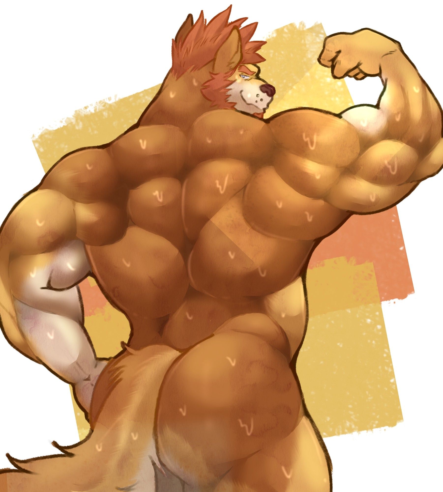 Nude, muscular anthro wolf viewed from behind, sweaty, flexing and smiling smugly at the viewer