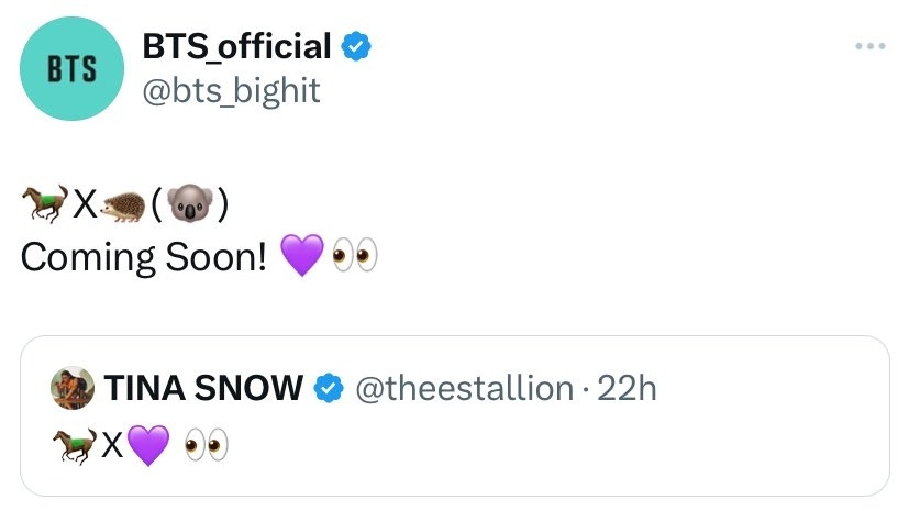 A screenshot of a X/Twitter post from BTS Official that says 🐎X🦔(🐨) Coming soon 💜👀