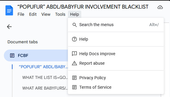 A picture of the google doc menu with Help selected showing the dropdown menu where Report Abuse can be found