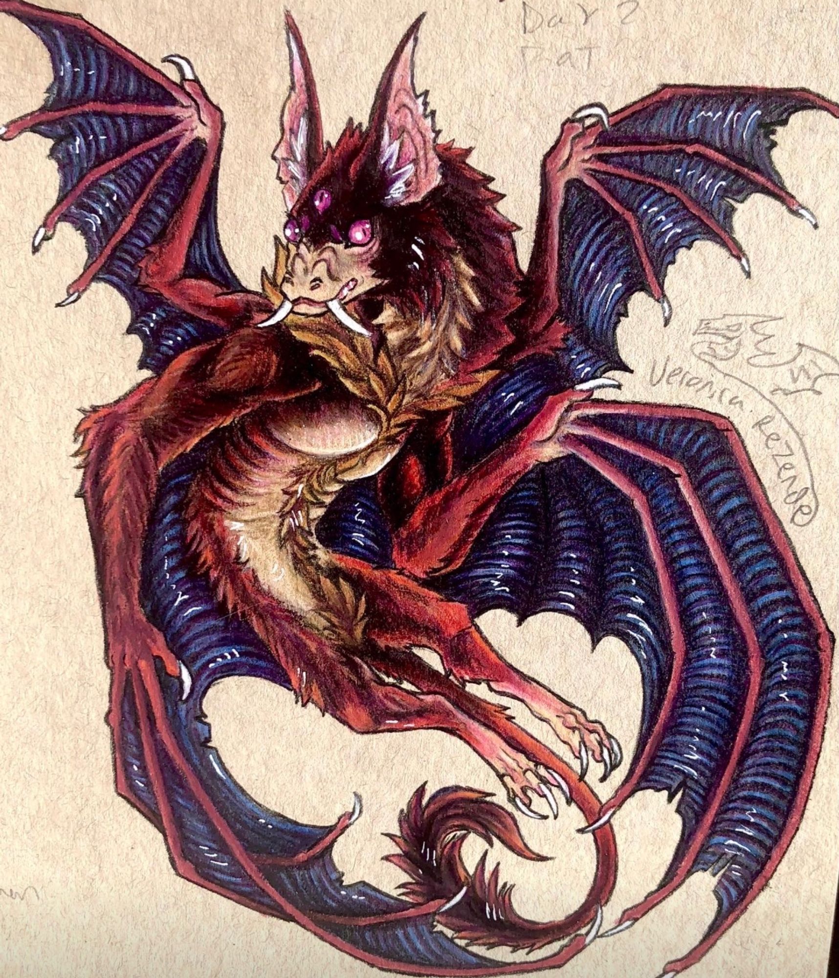 A red monster bat with 4 wings a lion like tail and large teeth.