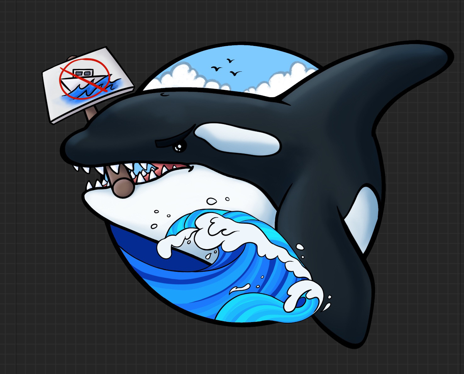 Drawing of an Orca whale holding a no boat sign in its mouth