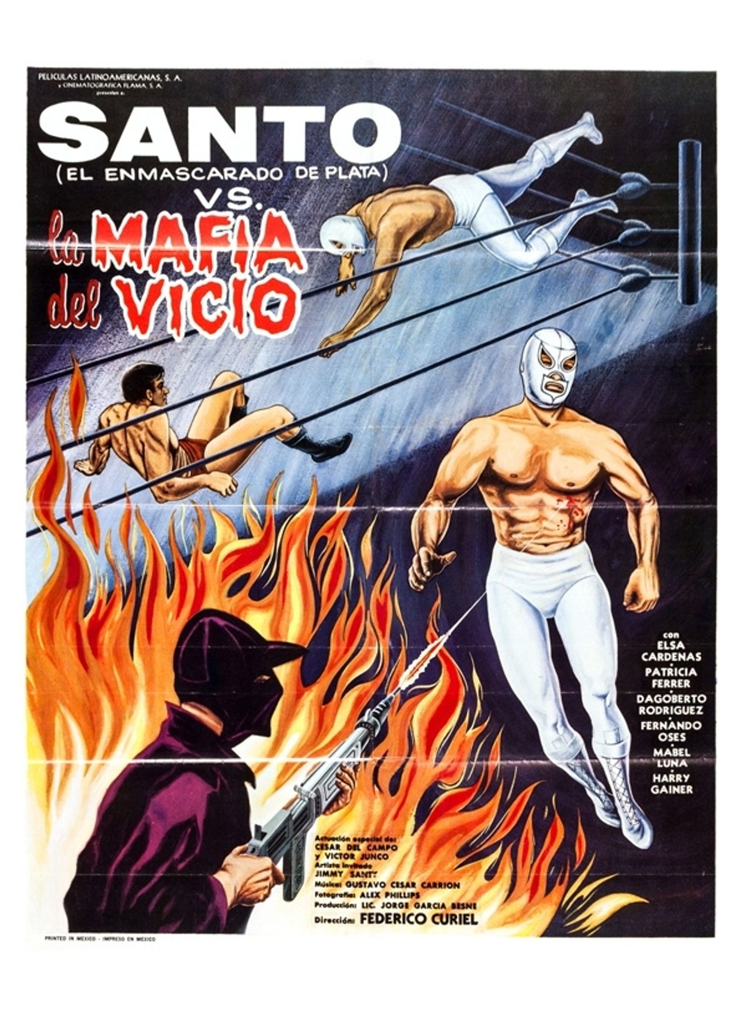 Poster for the film Santo vs The Mafia of Vice. It shows Santo wresting in the ring, while a separate image shows Santo being shot at by a masked gunman shrouded in fire.