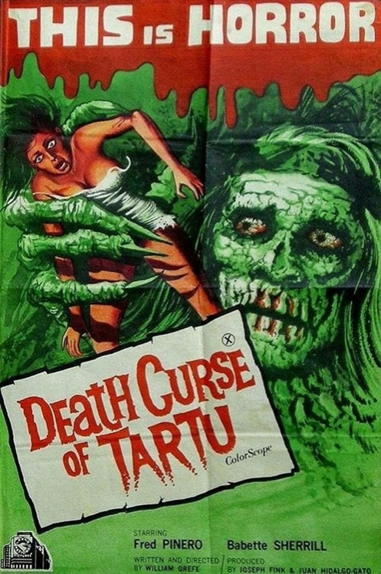 Poster for the film Death Curse of Tartu. The art shows a frightened woman in the clutches of a withered mummy guy. 
Along the top, it says, "This is horror"