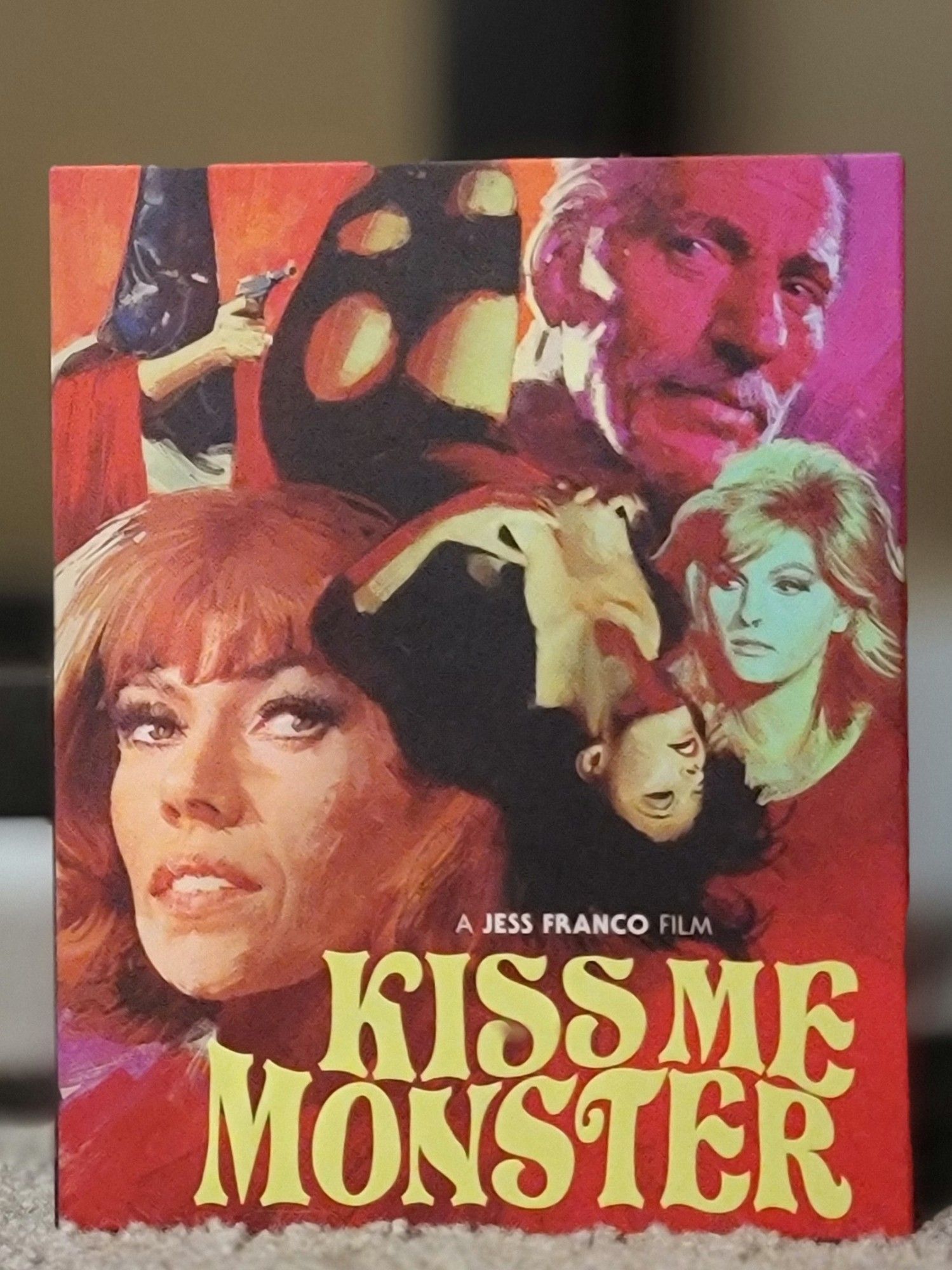 Blu ray cover for the film Kiss Me Monster. The image is a painted collage of the women who star in it, a man, and a black hooded person with a gun.