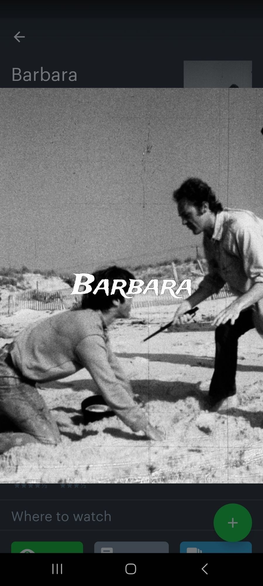 A poster image for the film Barbara. The photo shows two men on a beach, one on his hands and knees, the other holds a knife in a threatening manner.