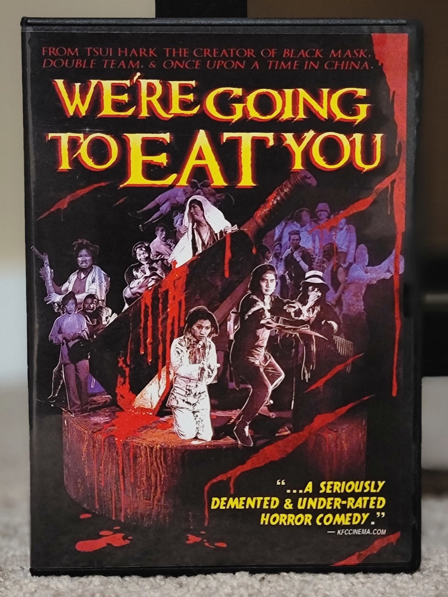 Dvd cover for the film We're Going To Eat You. It shows the cast in a photo image grouping decorated with blood. 