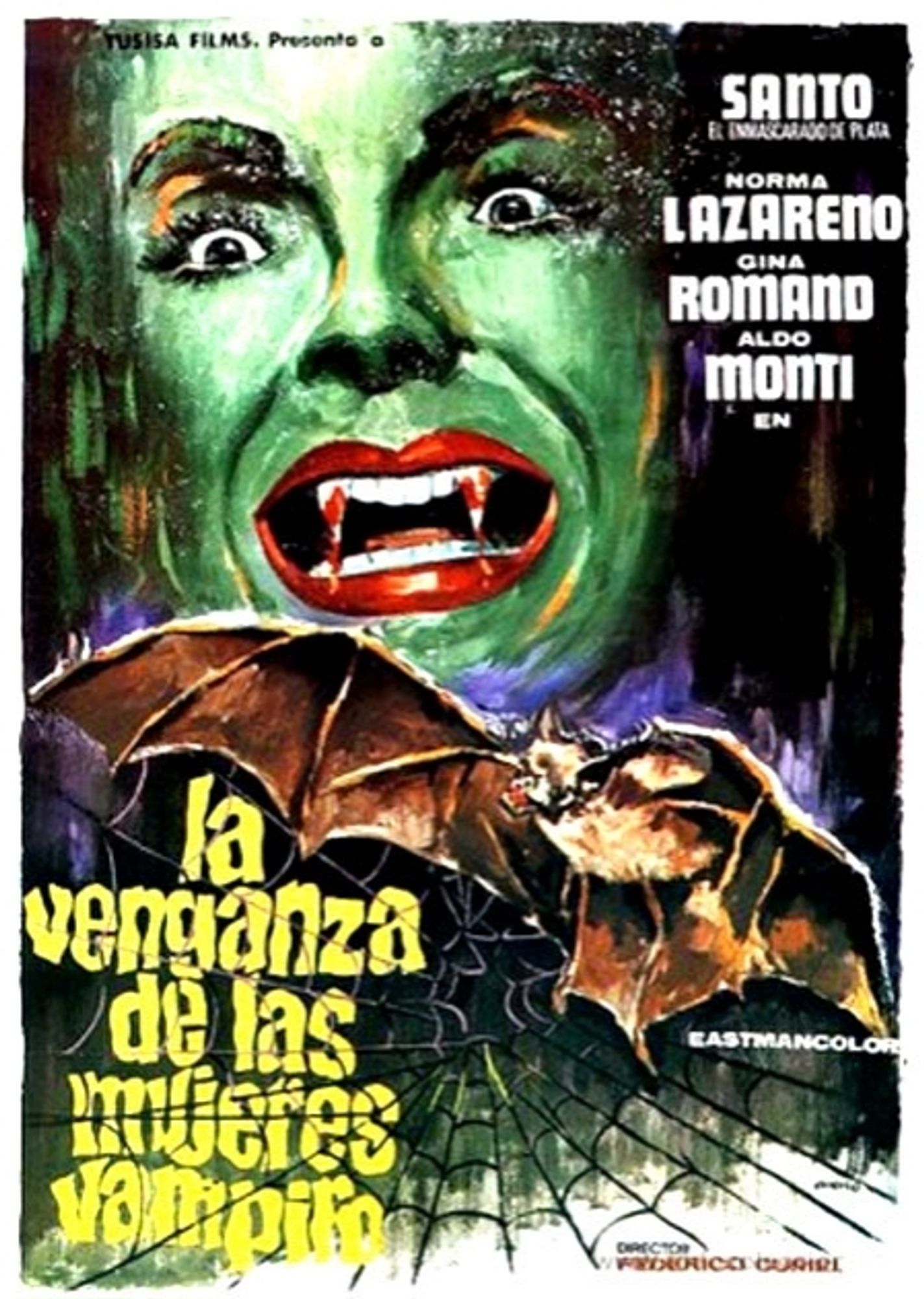 Poster for the film Santo in The Vengeance of the Vampire Women. The art shows a green vampire woman with bloody fangs. There also a spider web and a bat.