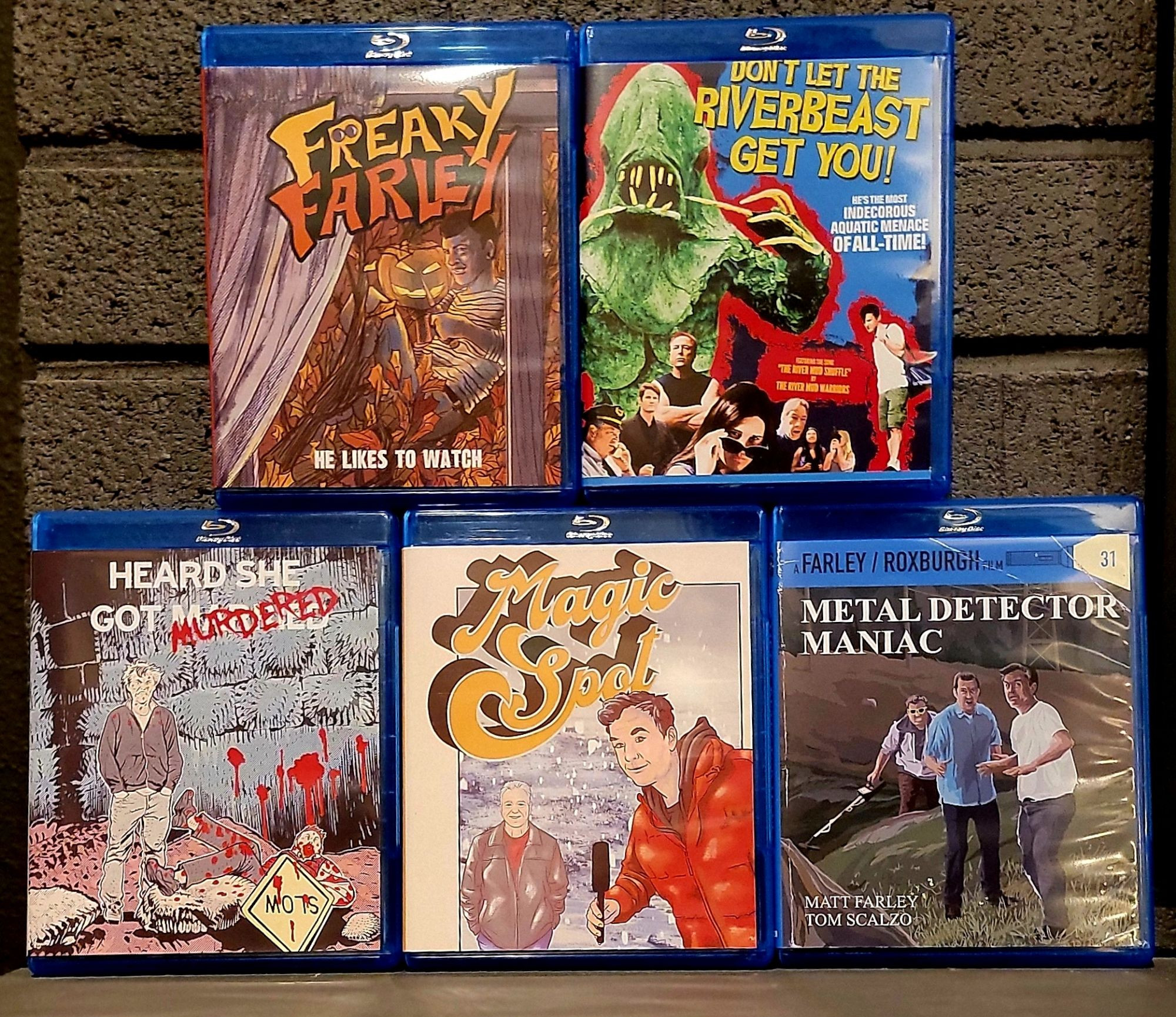 Matt Farley blu rays. They are: Freaky Farley, Don't Let the Riverbeast Get You, Heard She Got Murdered, Magic Spot, Metal Detector Maniac.