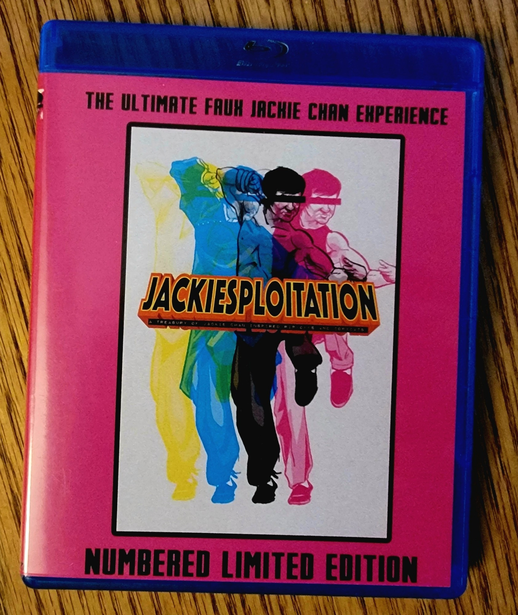 Blu ray cover for the Jackiesploitation set from Gold Ninja Video. The image shows four overlapping colored art representations of Jackie Chan with a bar over his eyes.