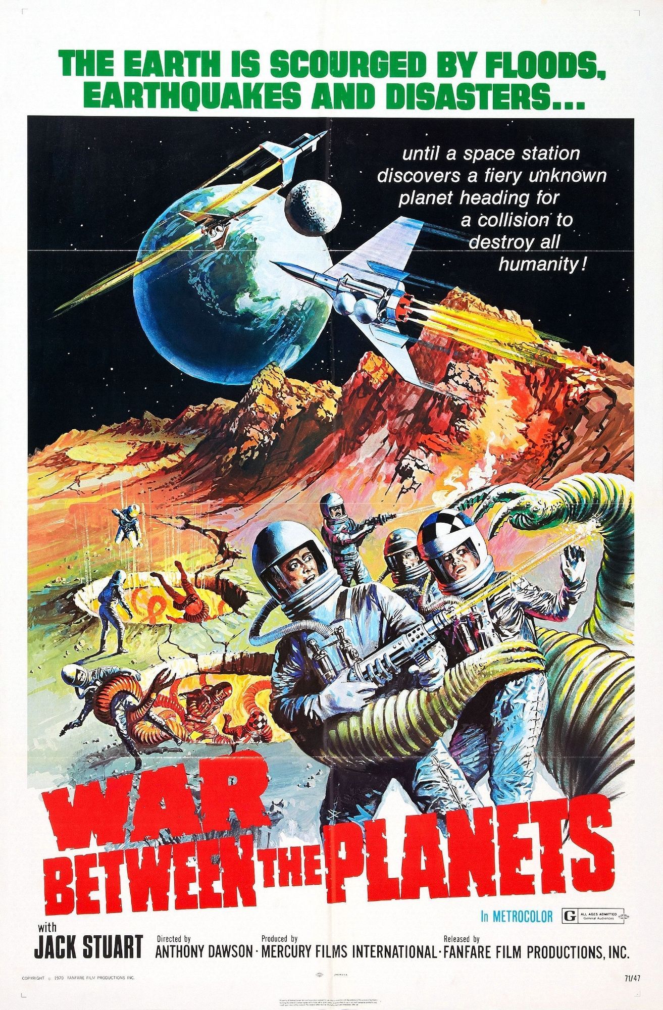 Poster for the film War Between the Planets. It shows people on a planet wearing space suits, while clawed tentacles attack them. In the background, spaceships and Earth are visible.