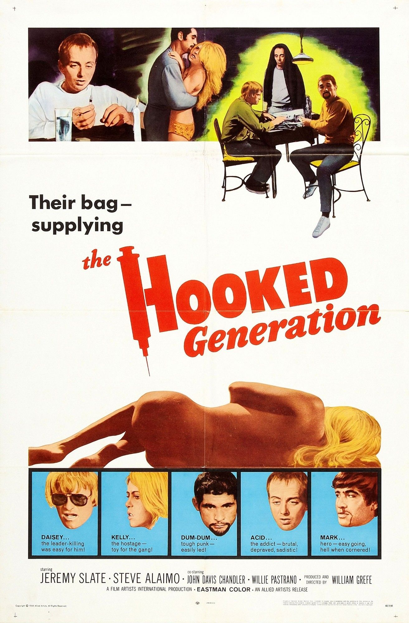 Poster for the film The Hooked Generation. It shows some drug addicted burnouts hanging out. Their faces for a series of character profiles along the bottom, with a woman laying across the top of the images.