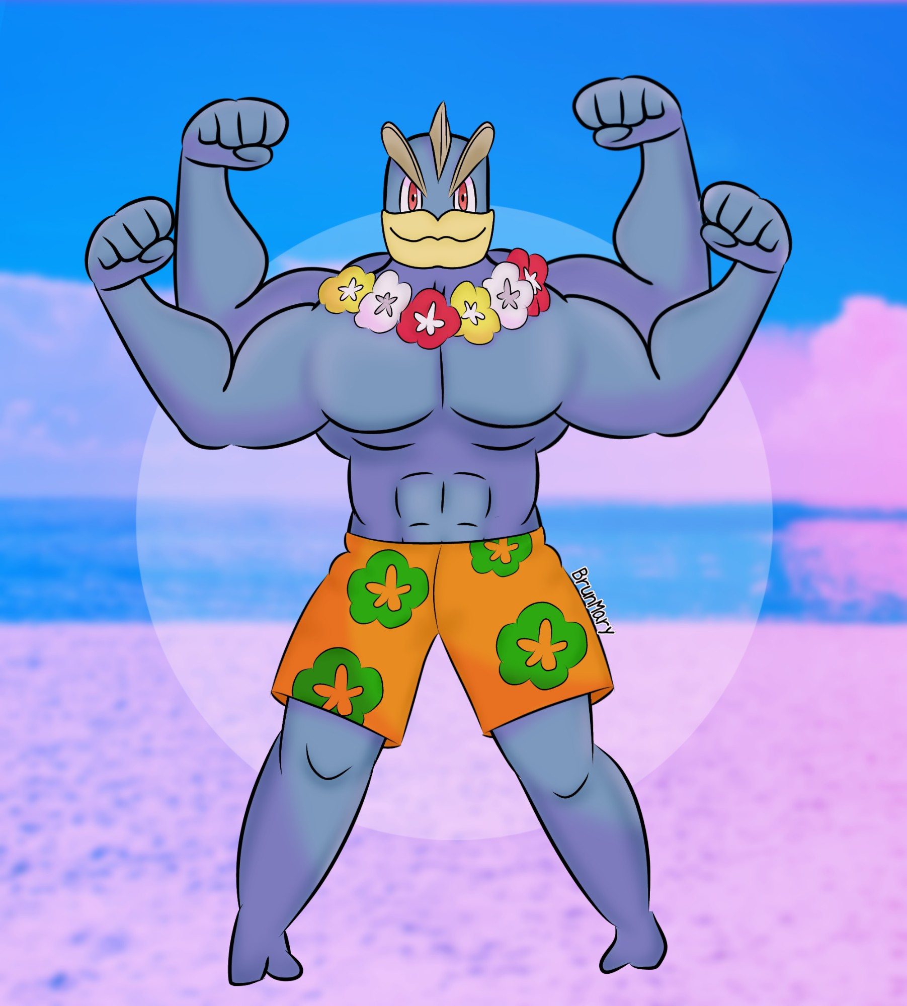 Desenho digital colorido feito no Ibispaint. 
Tem o Pokémon machamp em pé na praia com os quatro braços levantados flexionados e ele está sorrindo. Ele está vestindo um calção de praia laranja com estampas de flores verdes, e também usa um colar de flores vermelhas, brancas e amarelas. Roupa similar a sua skin de praia do jogo Pokémon Unite.