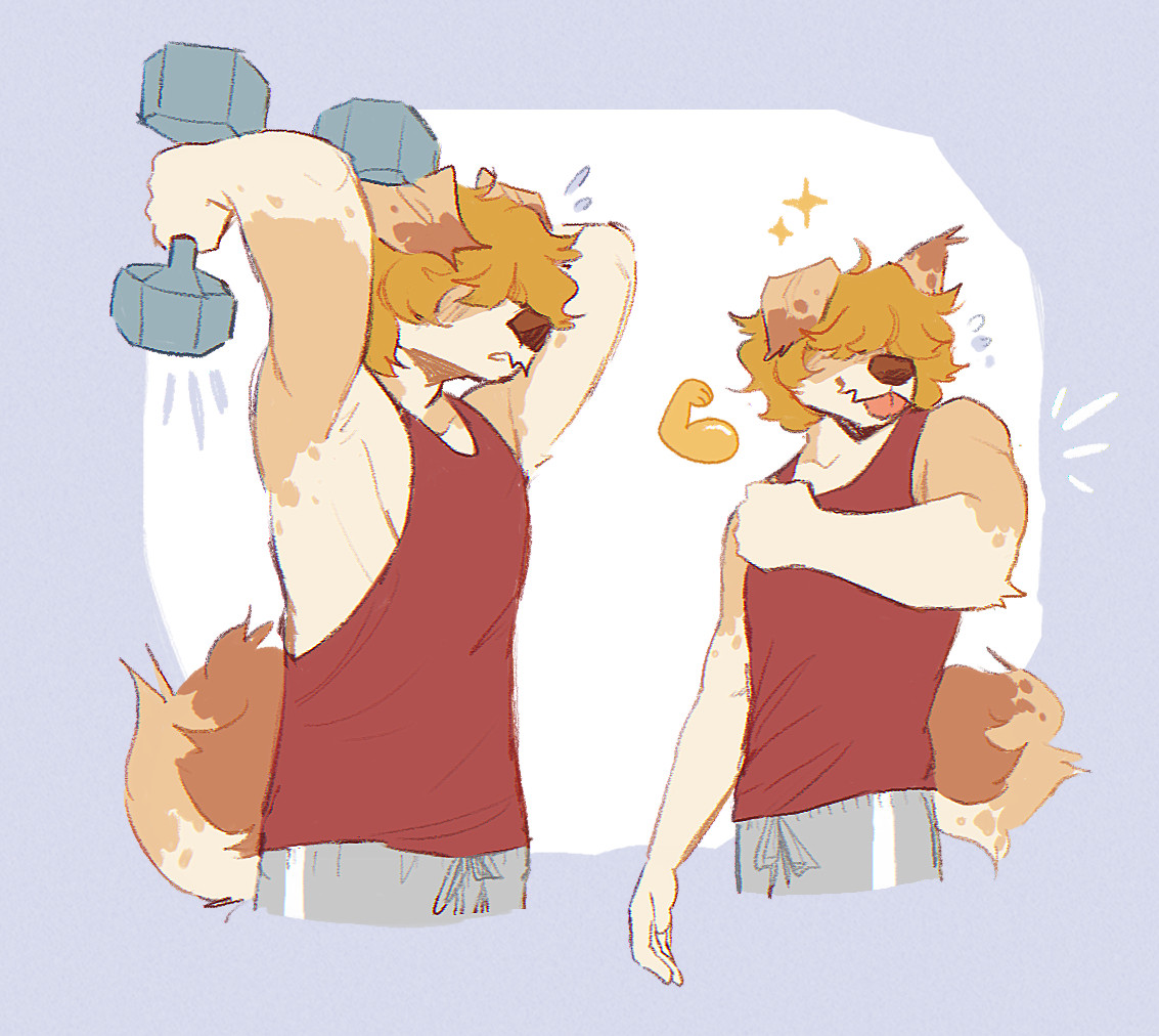 blonde scruffy-haired dog doing tricep curls (left pose) and flexing his left arm (right pose)