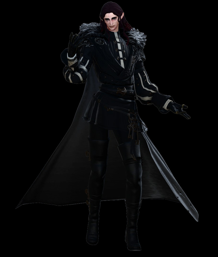 A scarred elf in dark clothing poses dramatically, transparent background. 