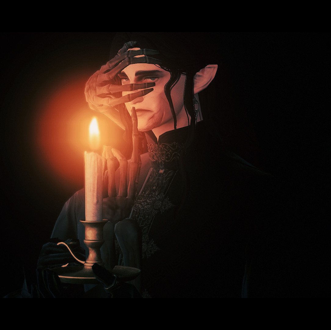 A scarred elf stares directly at the viewer holding a lit candle as skeletal hands cover his eyes and gesture for the viewer to be quiet. 