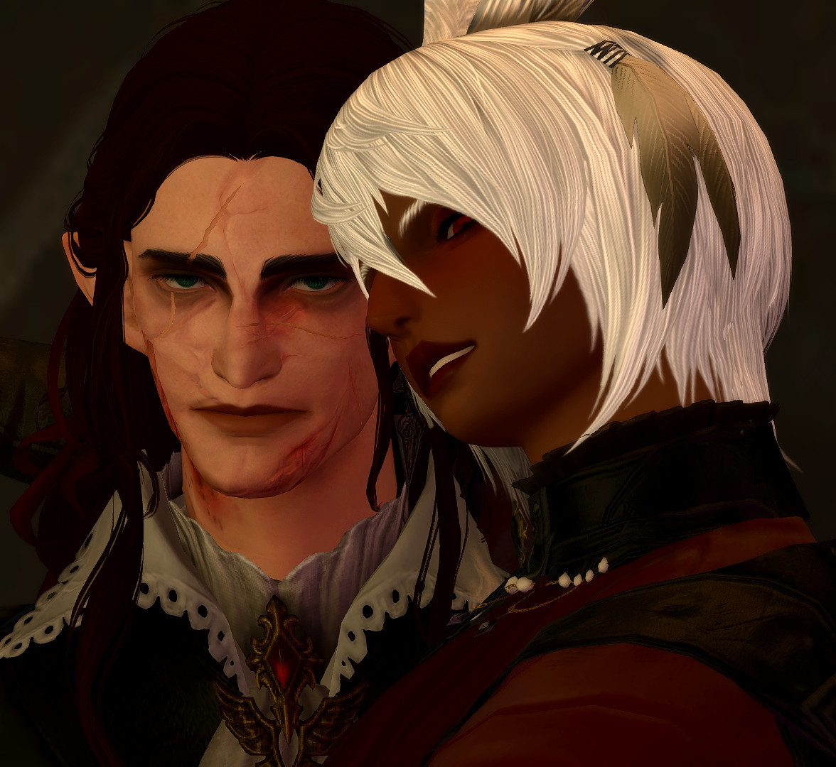 A heavily scarred Elezen named D'Artagnan and a Viera named Egg look menacingly at the viewer. 