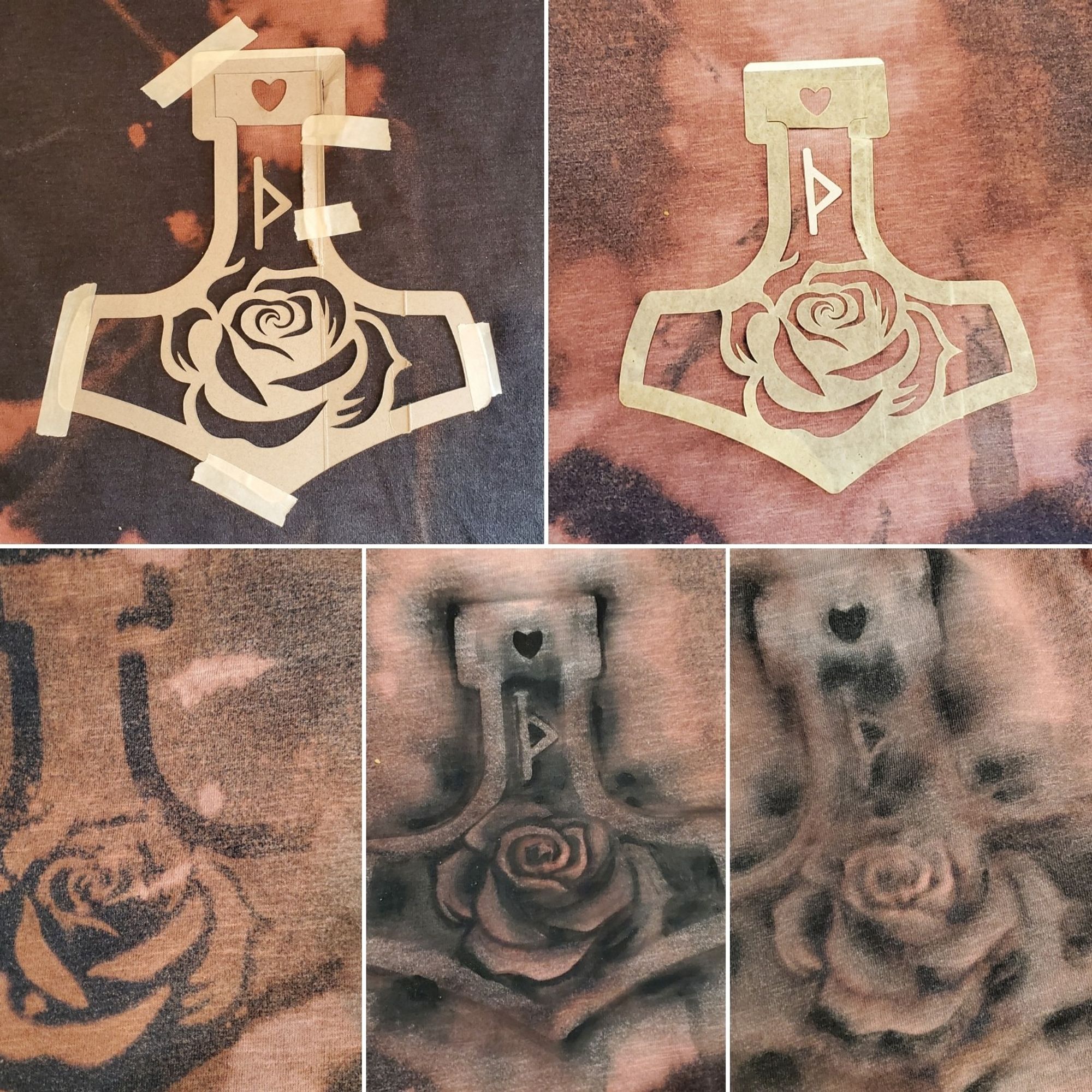 Collage of different stages of a Mjölnir stencil with a rose, thorn rune and heart inside it being bleached and dyed on a hoodie.