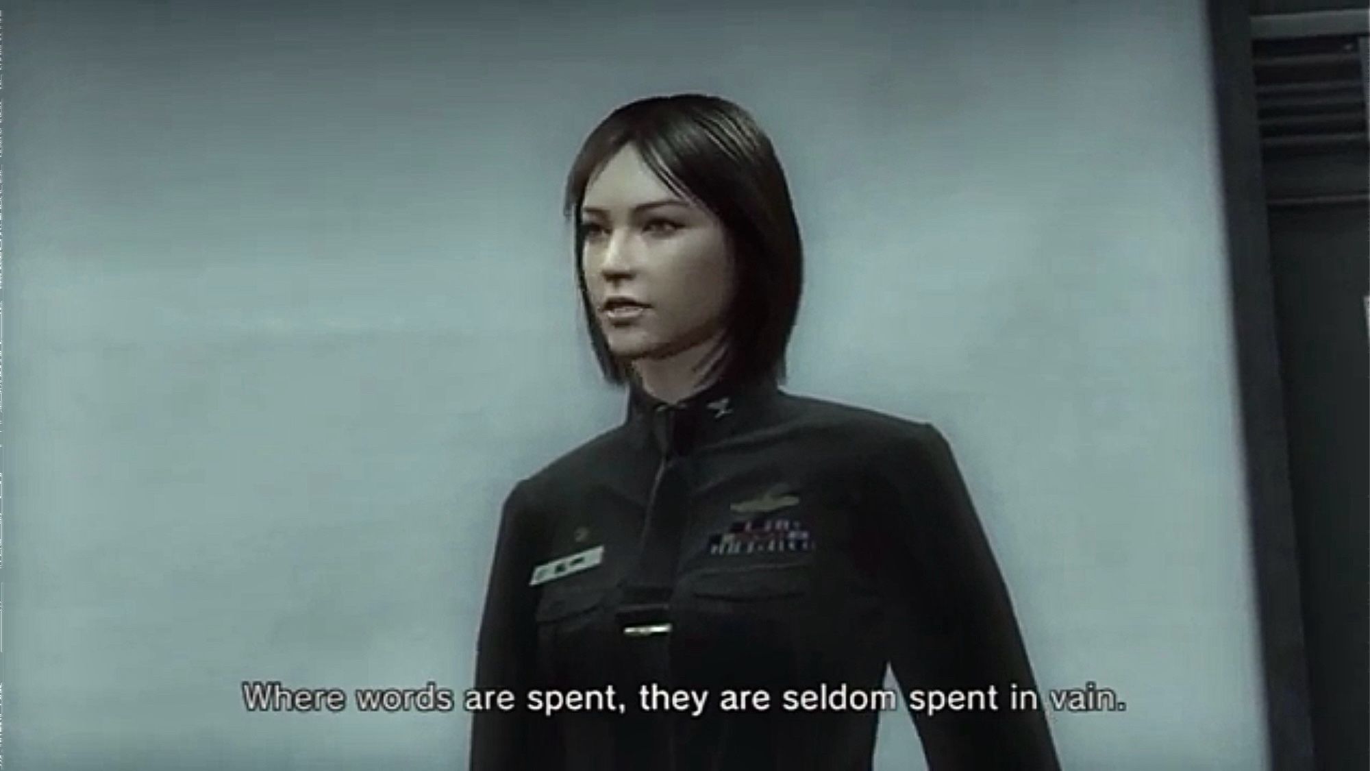 mei ling from Metal Gear Solid 4: Guns of the Patriots (2008), quoting shakespeare: "Where words are spent, they are seldom spent in vain."