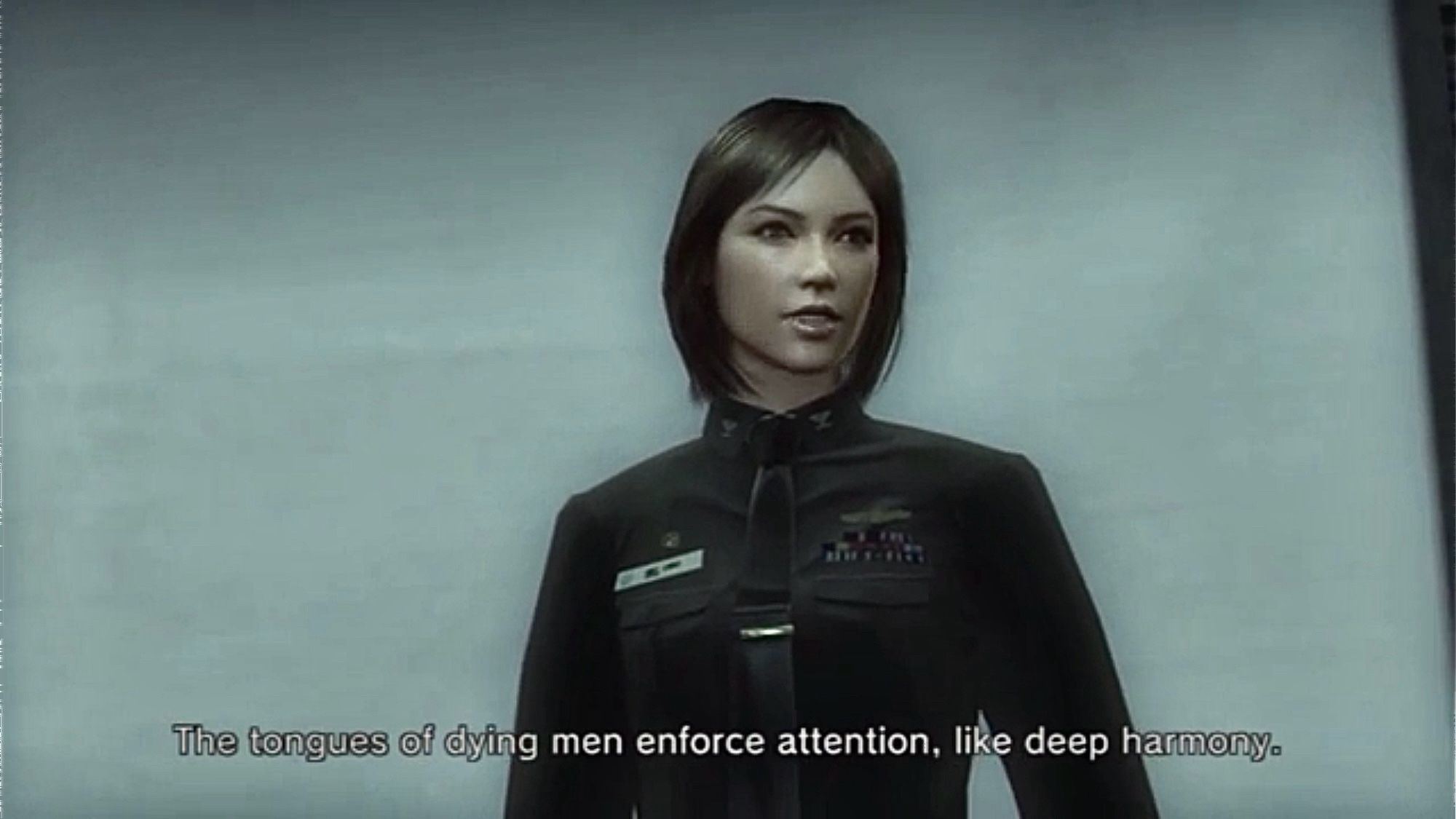 mei ling from Metal Gear Solid 4: Guns of the Patriots (2008), quoting shakespeare: "The tongues of dying men enforce attention, like deep harmony..."