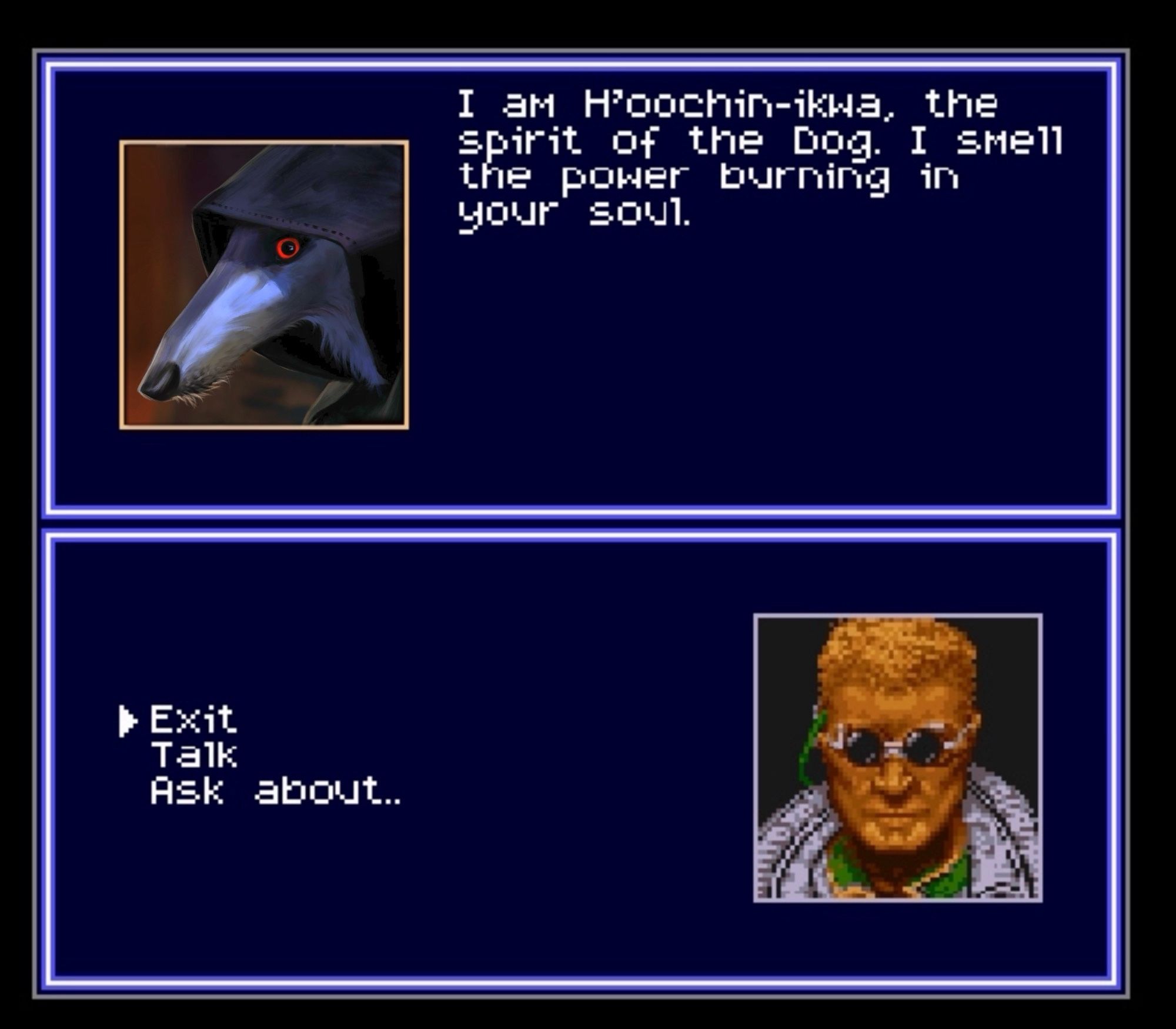 the initial dog spirit conversation from the SNES version of Shadowrun (1993) but h'oochin-ikwa has been replaced with this borzoi boi