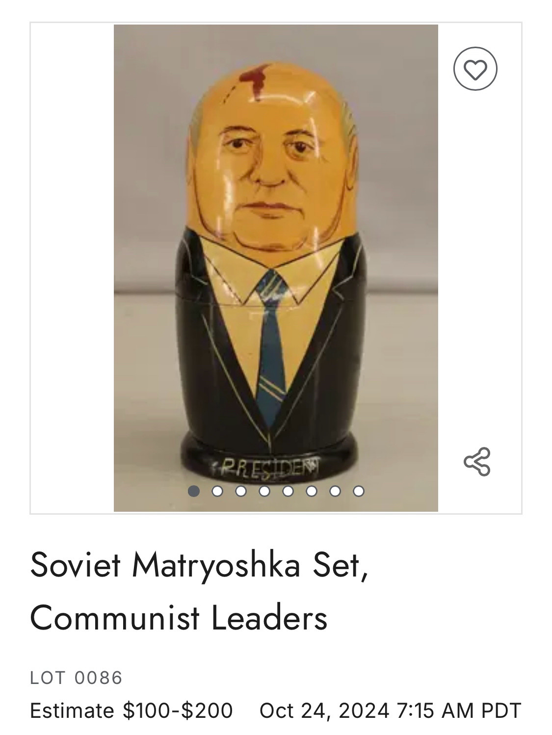 a screenshot of an auction website offering a set of matryoshka dolls modeled after soviet leaders; the outermost doll looks like a cross between bobby hill and mikhail gorbachev