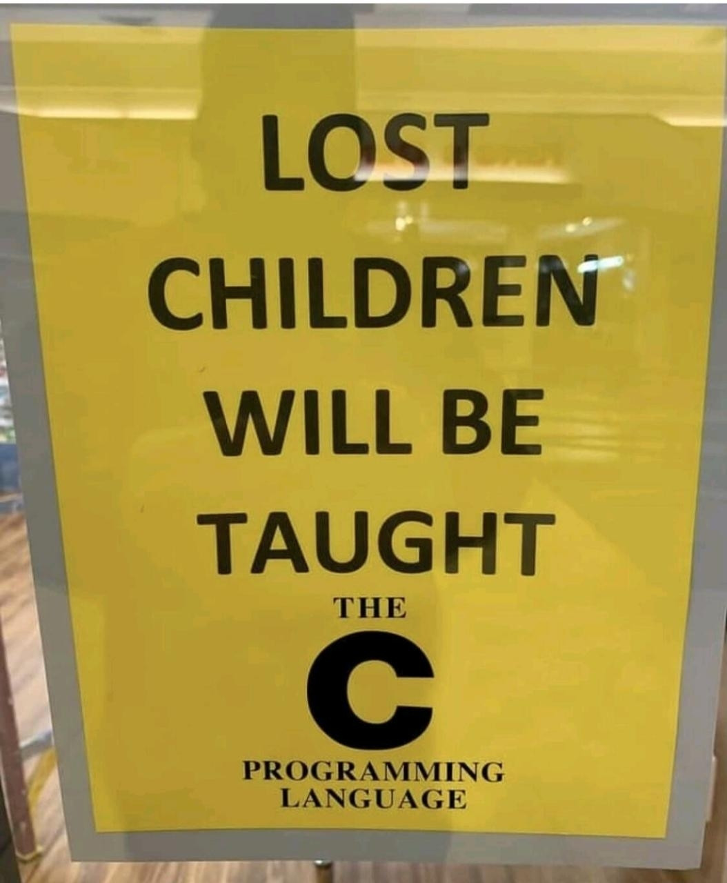 A poster displayed in what looks like a mall setting, reading: "LOST CHILDREN WILL BE TAUGHT THE C PROGRAMMING LANGUAGE"