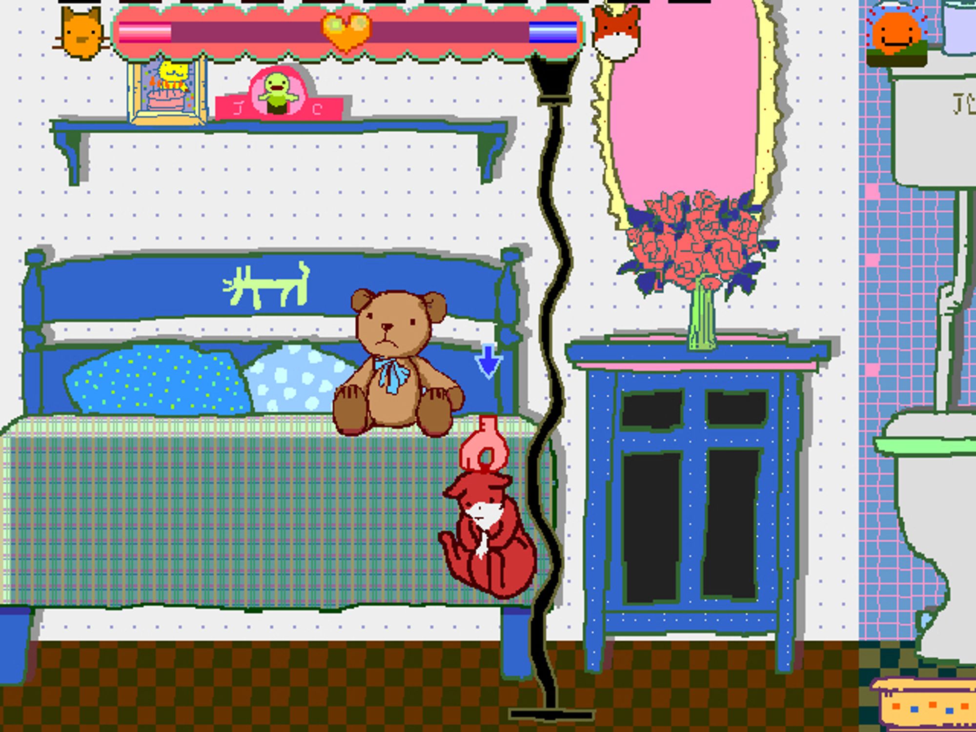 Screenshot of Jingle Cats, depicting a cartoon cat being dragged by the scruff of their neck through the air