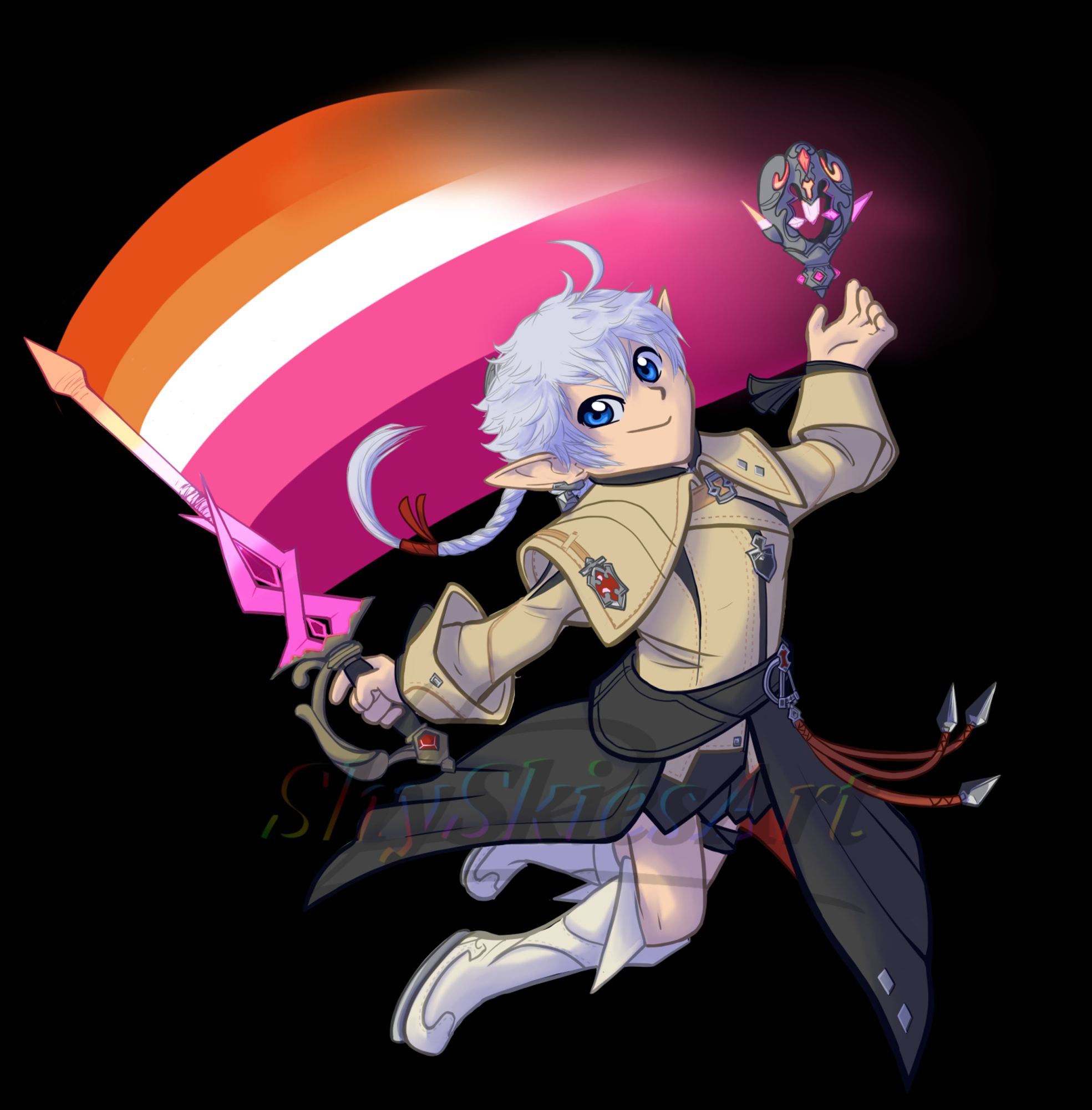 Drawing of Alisaie with her aetheric sword, from which extends the sunset lesbian pride flag