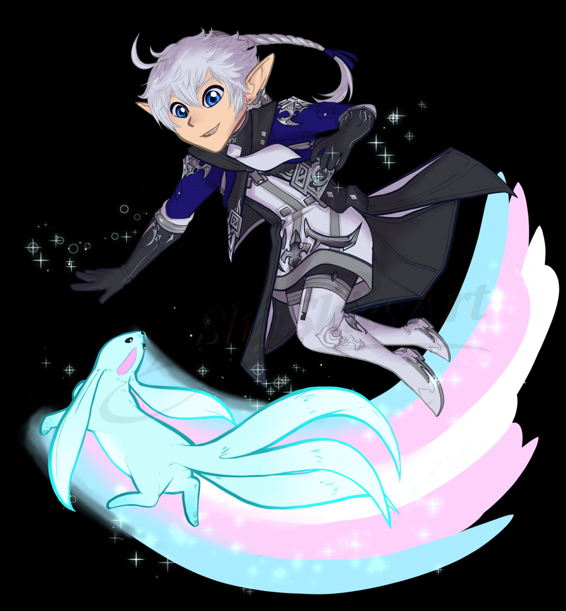 Drawing of Alphinaud with his carbuncle, who is draped in the colours of the trans pride flag