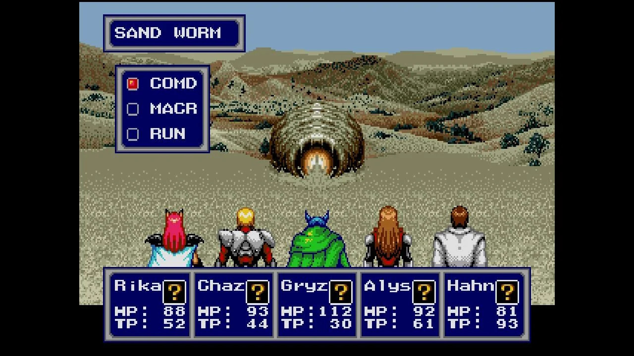 Phantasy Star 4. The party faces down a Sand Worm, which, as is often the case in media, is an incredibly powerful creature. 