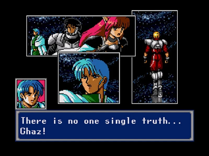 Rune from Phantasy Star 4 telling Chaz "There is no one single truth..." during an argument in front of a starry sky as Chaz walks away from him. 