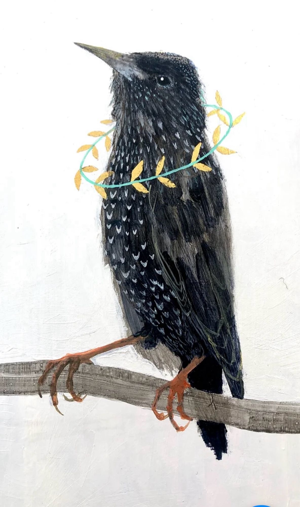 A starling is perched on a branch around its neck as a garland of gold leaf leaves. The sting raises its head and looks directly out at you. Why has he been garlanded? Why is he there? Why is he looking at you?