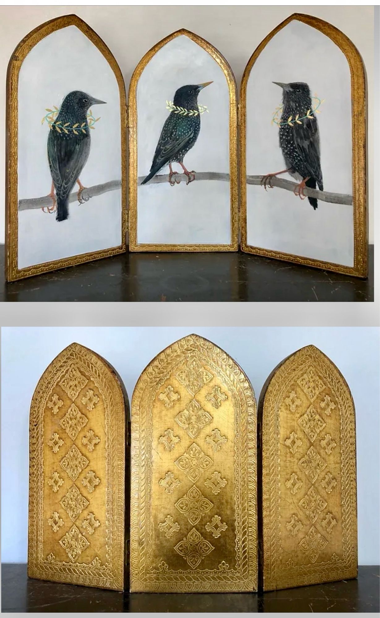 A folding triptych The outside is embossed gold leaf the painted inside shows a trio of starlings with gold leaf laurel wreaths around their necks