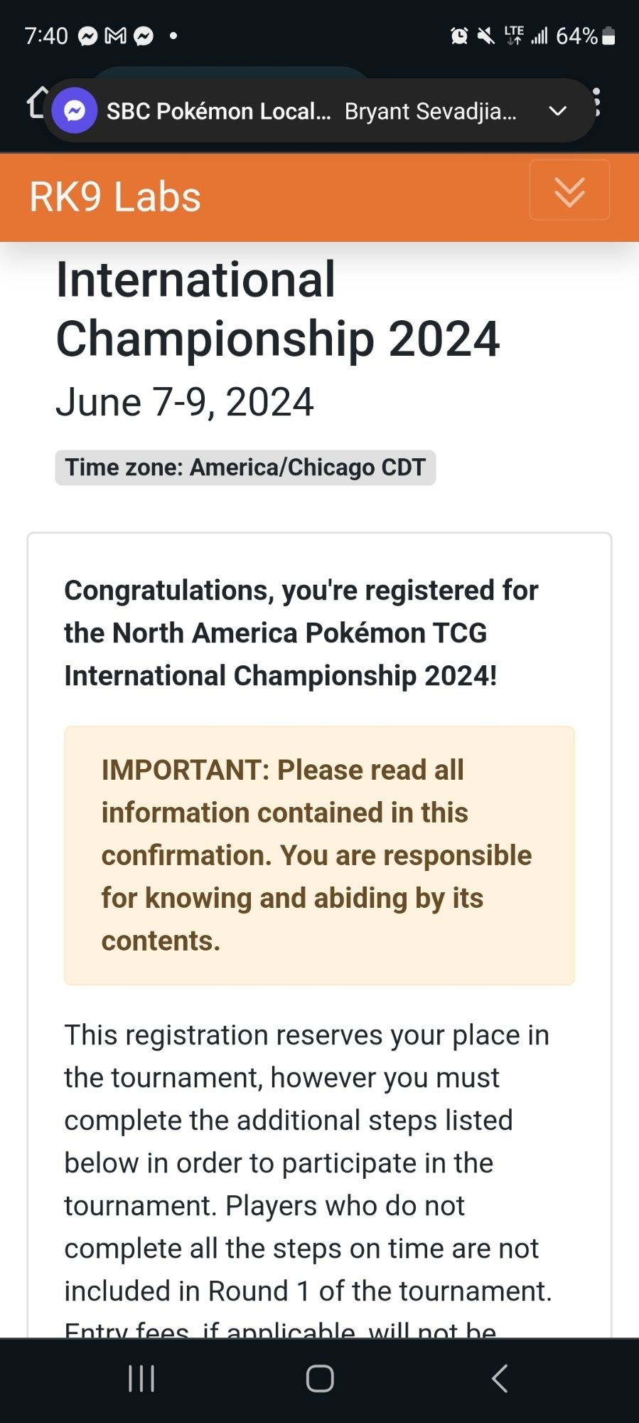 A screenshot showing that I registered for the Pokémon TCG North American International Championships in New Orleans.