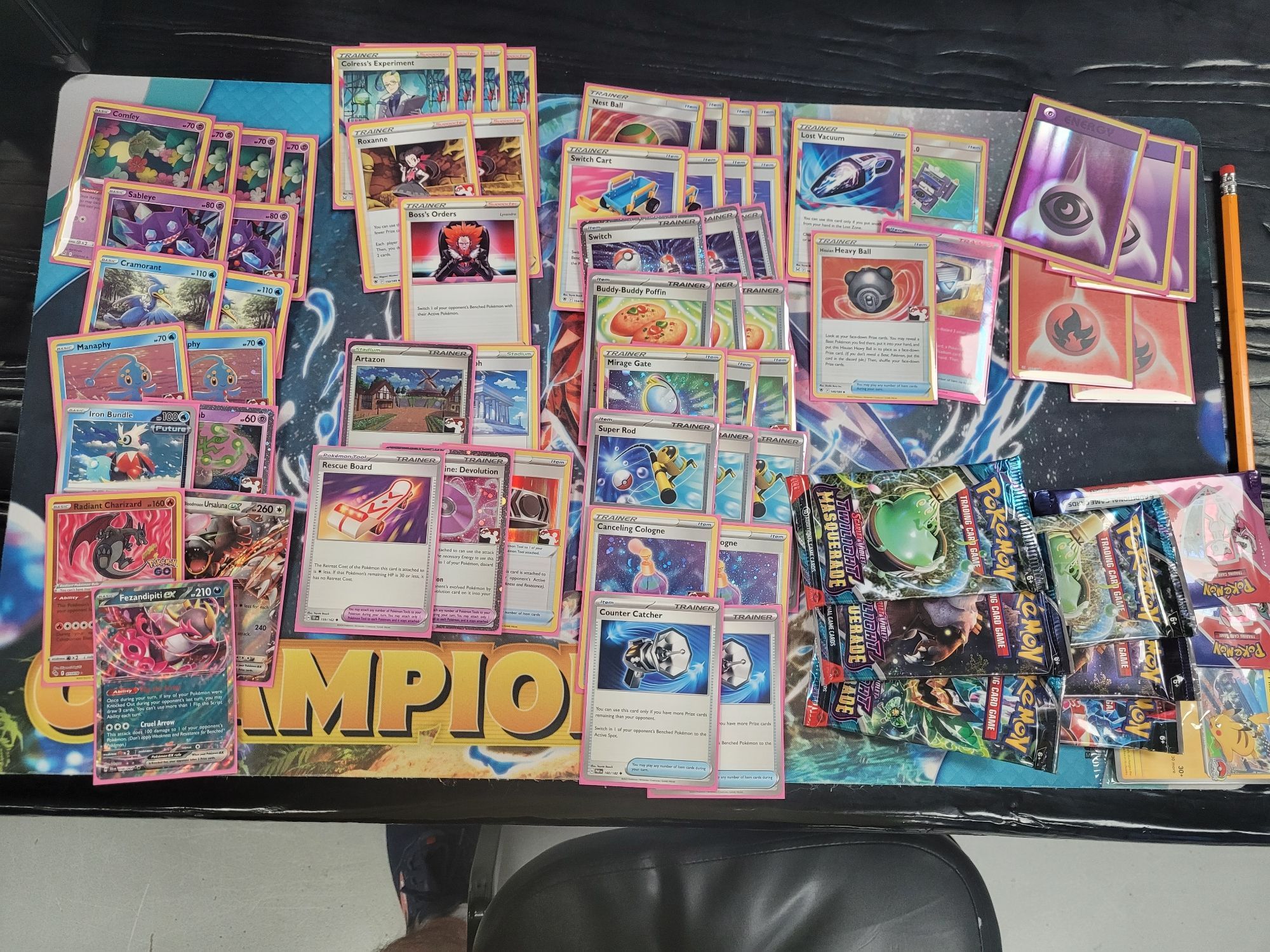 4 Comfey LOR
2 Sableye LOR
2 Cramorant LOR
2 Manaphy BRS
1 Iron Bundle PAR
1 Spiritomb PAL
1 Radiant Charizard 
1 Bloodmoon Ursaluna ex
1 Fezandipiti ex
4 Colress's Experiment 
2 Roxanne
1 Boss's Orders
1 Artazon
1 Temple of Sinnoh
1 Rescue Board
1 Technical Machine: Devolution 
1 Choice Belt
4 Nest Ball
4 Switch Cart
3 Switch
3 Buddy-Buddy Poffin
3 Mirage Gate
3 Super Rod
2 Canceling Cologne
2 Counter Catcher
1 Lost Vacuum
1 Pokégear 3.0
1 Hissuian Heavy Ball
1 Secret Box
3 Basic Psychic Energy
2 Basic Fire Energy