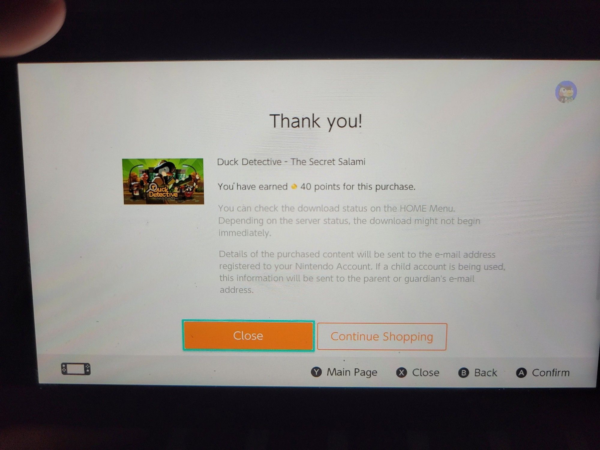 A picture of my purchase of the game, Duck Detective - The Secret Salami, on the Nintendo Switch