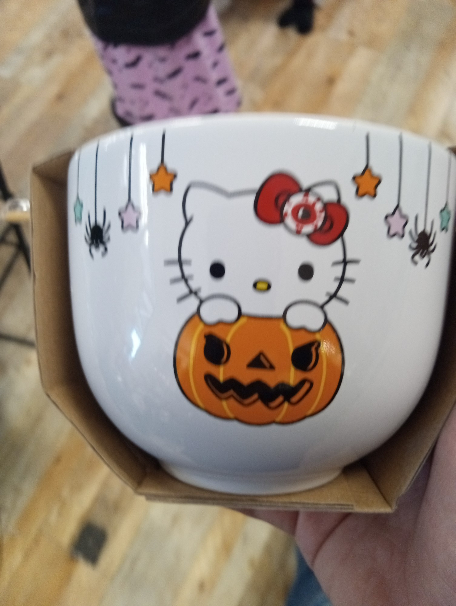 Blurry photo of Halloween themed Hello Kitty ramen set. I was actually Home Goods Happy for once.