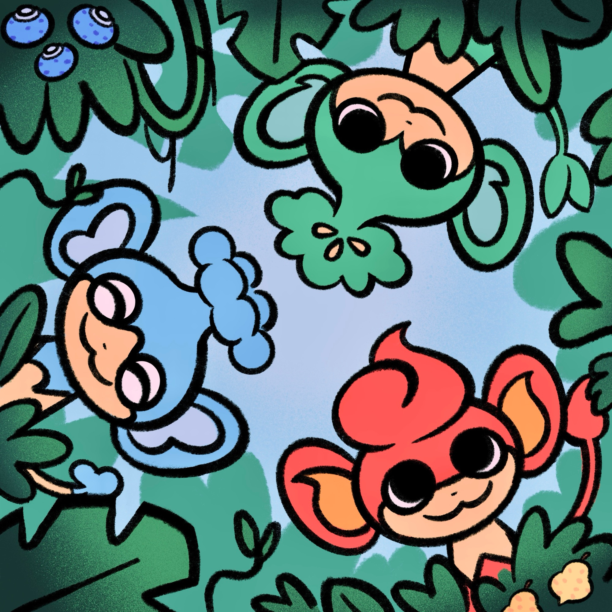 a digital illustration of the pokémon Pansage, Panpour, and Pansear, the three elemental monkeys. They are poking their heads through a clearing in dense foliage.
