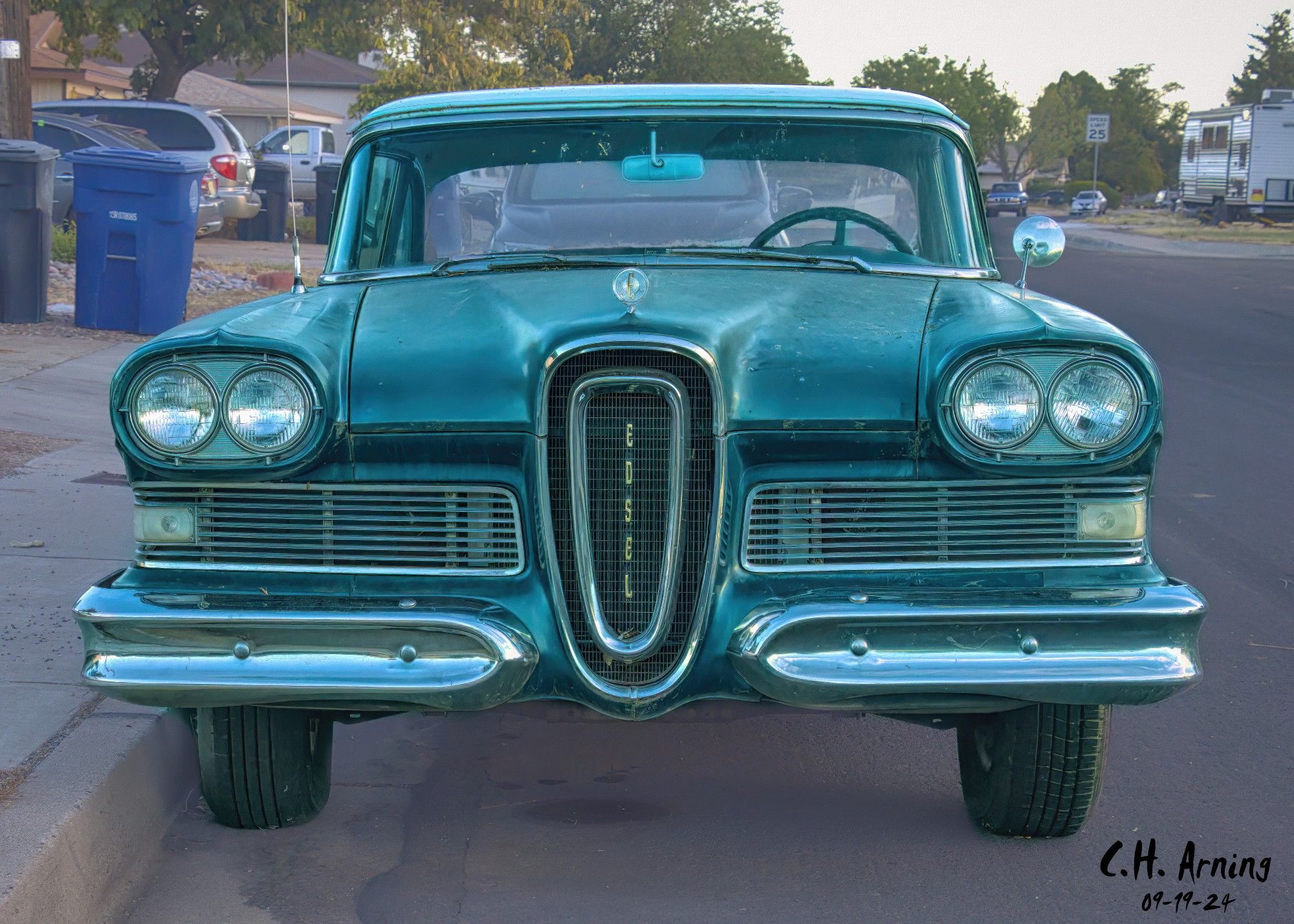 While walking along Claremont Ave, I discovered a rare gem—a 1958 Ford Edsel. Not every day you see one of these beauties on the street. My 09/19/24 postcard captures this classic piece of automotive history.