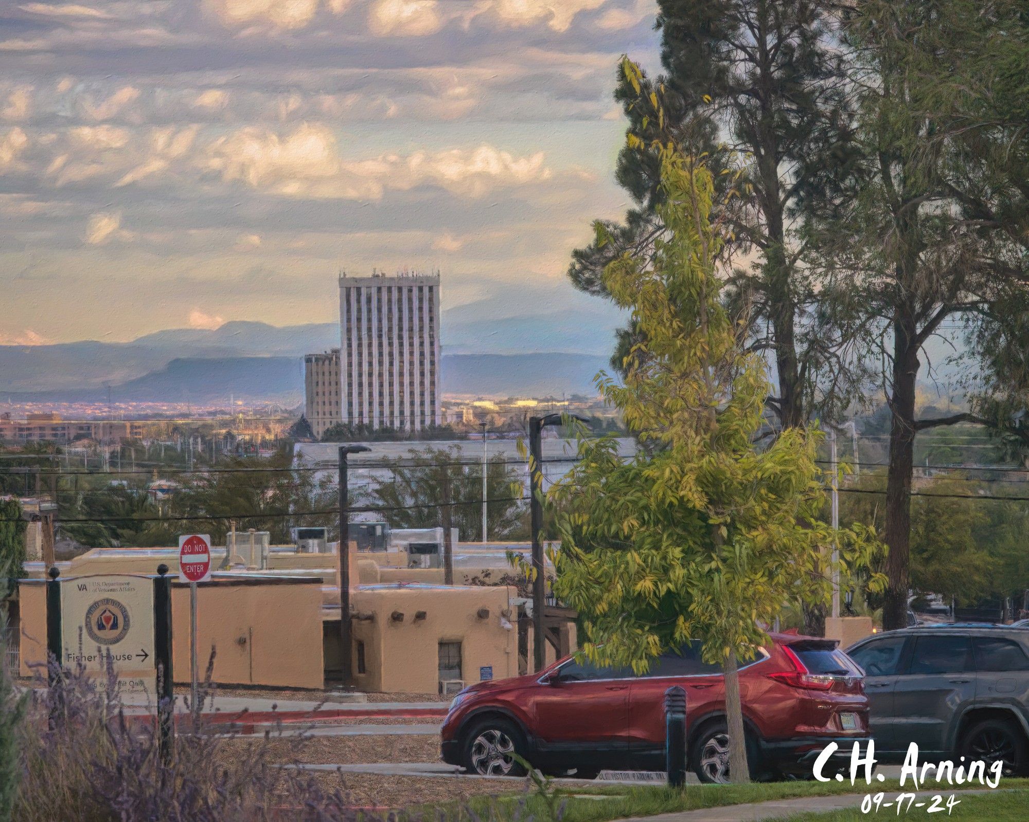 My 09/17/24 postcard captures the old First National Bank Building, a once-thriving Albuquerque landmark built in 1963. Viewed from the VA at San Mateo's south end, the empty tower now stands in quiet solitude.