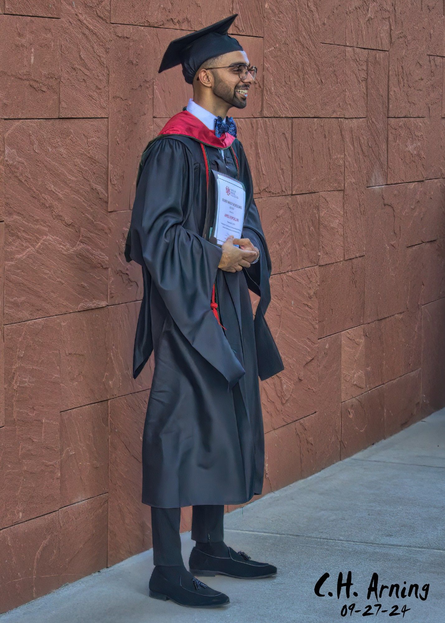 While at UNM, I encountered a group of students celebrating their hard-earned graduation. My 09/27/24 postcard features one of those graduates, a young man radiating both pride for his achievement and excitement for the future. The image captured that moment of triumph and connected me to his journey, sharing his sense of accomplishment and anticipation.